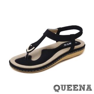 【QUEENA】時尚金屬釦T字簡約舒適厚底羅馬涼鞋(黑)