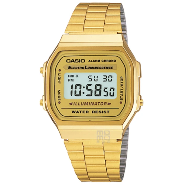 【CASIO 卡西歐】卡西歐多時區鬧鈴電子鋼帶錶-金(A168WG-9W)