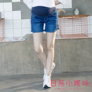 【AILIAN 日系小媽咪】質感修身側開衩圓弧造型牛仔短褲 可調式瑜珈腰圍 M-XL(孕婦褲)