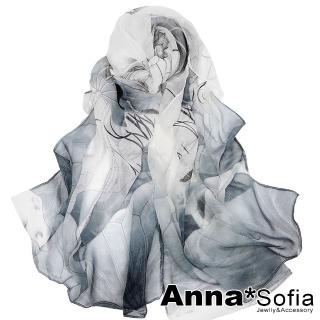 【AnnaSofia】仿蠶絲領巾絲巾圍巾-魅染荷花 軟柔雪紡 現貨(灰黑系)