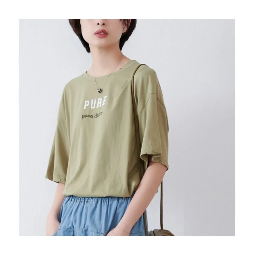 【JILLI-KO】字母刺繡落肩T恤-F(綠)