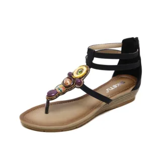 【Cute ii Lady】波西米亞民族風寶石串珠飾時尚坡跟羅馬涼鞋(黑)