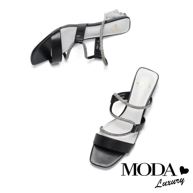 【MODA Luxury】時尚品味燙鑽條帶透明造型低跟拖鞋(黑)