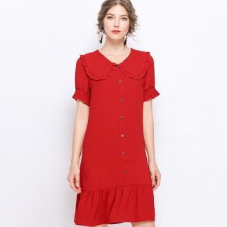 【A’bella 艾貝菈】囍紅娃娃領排扣百摺短袖洋裝(中大尺碼/L-5XL)