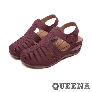 【QUEENA】復古縷空線條魔鬼粘舒適厚底坡跟羅馬涼鞋(酒紅)