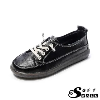 【SOFT WALK 舒步】真皮復古帆布鞋型個性休閒厚底鞋(黑)