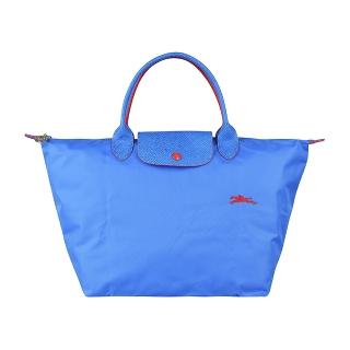 【LONGCHAMP】LONGCHAMP COLLECTION刺繡LOGO尼龍摺疊短把拉鍊手提包(藍紫x紅)