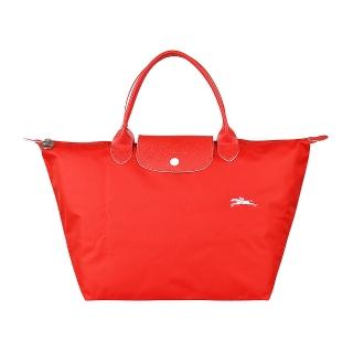 【LONGCHAMP】LONGCHAMP COLLECTION刺繡LOGO尼龍摺疊短把拉鍊手提包(中/朱紅x白)