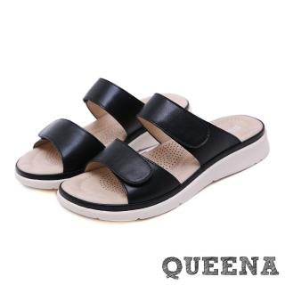 【QUEENA】經典純色素面魔鬼粘造型舒適厚底拖鞋(黑)