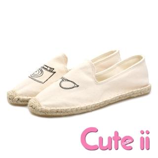 【Cute ii】時尚經典純色帆布刺繡草編休閒鞋(眼鏡白)
