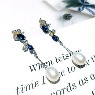 【I JEWELRY】高階手工純銀訂製系列 璀璨中國風小花朵頂級藍寶石鋯石珍珠純銀耳環(附純銀保證卡)
