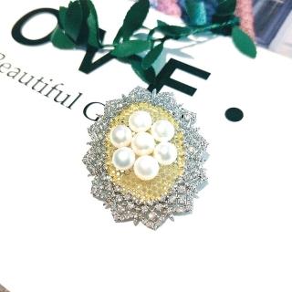 【I JEWELRY】高階手工純銀訂製系列 歐美高貴氣質格紋頂級鋯石珍珠純銀別針 胸針(附純銀保證卡)