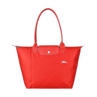 【LONGCHAMP】LONGCHAMP COLLECTION刺繡LOGO尼龍摺疊款長把拉鍊肩背包(大/朱紅x白)