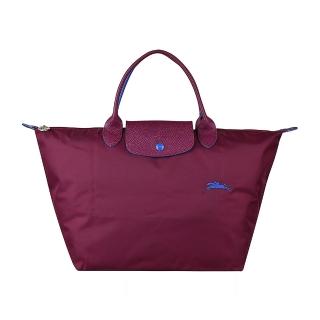 【LONGCHAMP】LONGCHAMP COLLECTION刺繡LOGO尼龍摺疊短把拉鍊手提包(中/梅紅x藍)