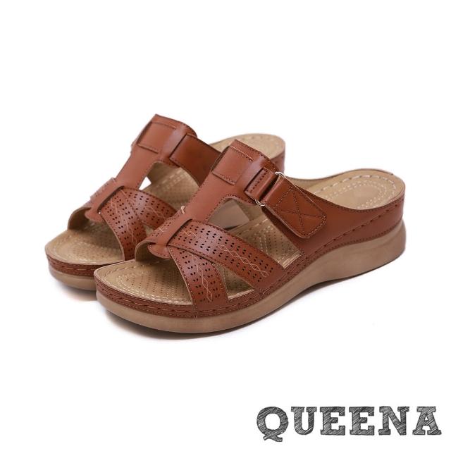 QUEENA 復古交叉縷空魔鬼粘舒適厚底個性拖鞋 棕