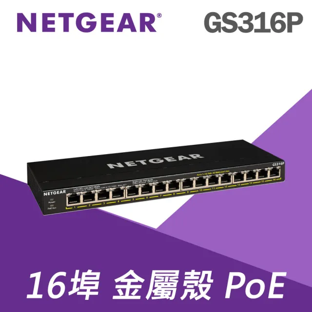 【NETGEAR】16埠 Gigabit 115W PoE供電 金屬殼 網路交換器 GS316P 網購限定