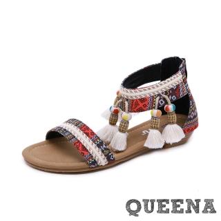 【QUEENA】復古民族風圖樣一字帶流蘇串珠造型低跟涼鞋(黑)