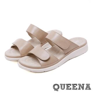【QUEENA】經典純色素面魔鬼粘造型舒適厚底拖鞋(卡其)