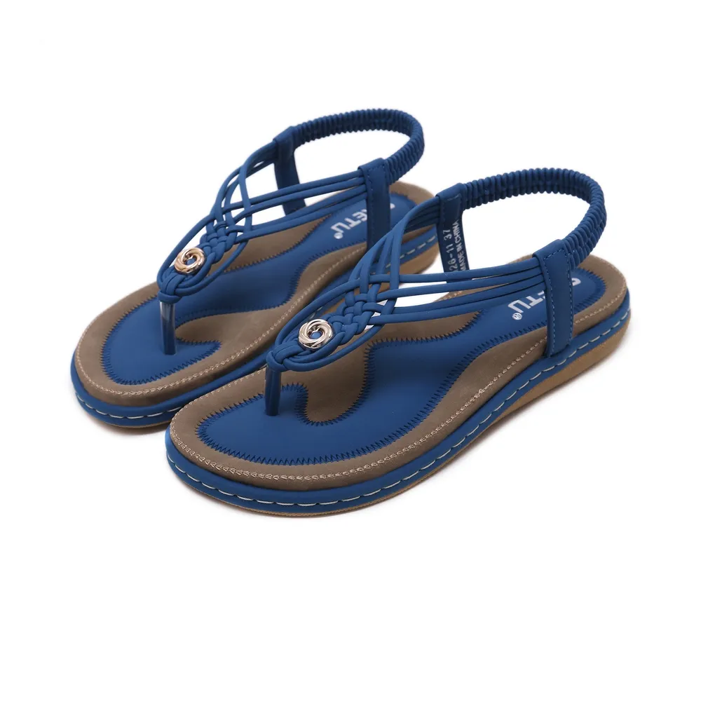 【QUEENA】個性時尚線繩編織T字經典厚底羅馬涼鞋(藍)