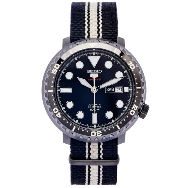 【SEIKO 精工】黑色時尚風帆布錶帶機械錶-黑面x黑白色/45mm(SRPC67K1)