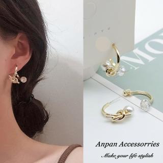 【Anpan】925銀針韓東大門同心結金屬交錯水晶珍珠耳環