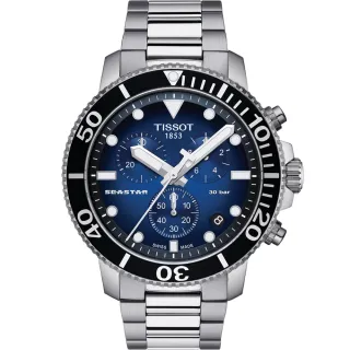 【TISSOT 天梭 官方授權】Seastar 1000海星水鬼300米潛水三眼計時錶-45.5mm/藍 新年禮物(T1204171104101)