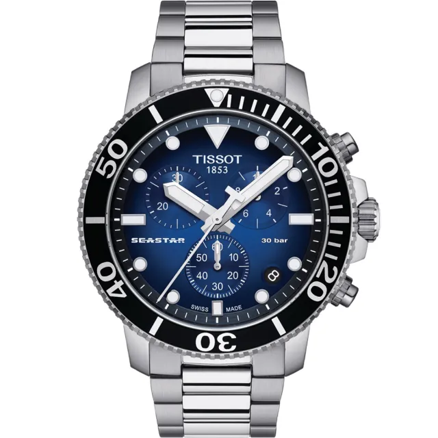 【TISSOT 天梭 官方授權】Seastar 1000海星水鬼300米潛水三眼計時錶-45.5mm/藍 禮物(T1204171104101)