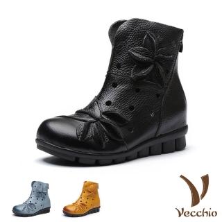 【Vecchio】真皮頭層牛皮水玉縷空立體葉片花朵厚底短靴(3色任選)