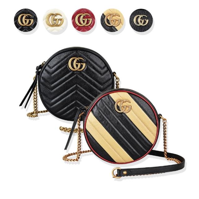 【GUCCI 古馳】GUCCI金屬LOGO圓形設計牛皮鏈帶拉鍊斜背包(5款任選)