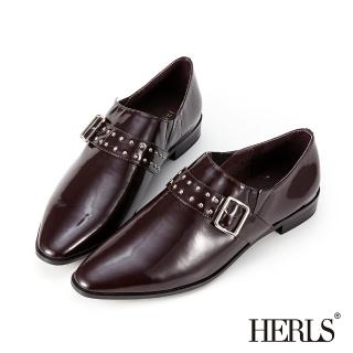 【HERLS】樂福鞋-全真皮鉚釘皮帶釦環尖頭漆皮樂福鞋(酒紅色)