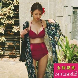 【AS 梨卡】泳衣 泳裝 二件式 鋼圈高腰 遮肚 繞頸綁脖泳裝CR284