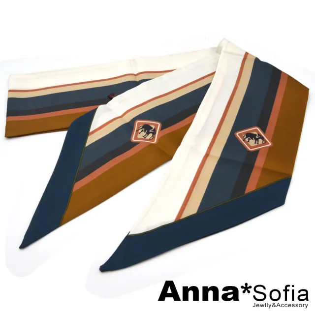 【AnnaSofia】仿絲領巾絲巾圍巾-條紋象影斜角 窄版緞面 現貨(黃褐藍系)