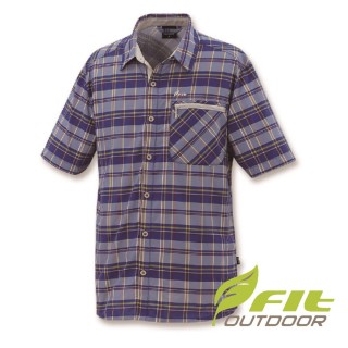 【Fit 維特】男-吸排格紋短袖襯衫-寶藍 IS1204-56(透氣合身/貼身/短袖上衣/休閒)