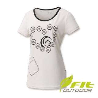 【Fit 維特】女-吸排合身圓領印花上衣-淺卡其 IS2107-90(印花上衣/短袖上衣/休閒服/顯瘦版型)
