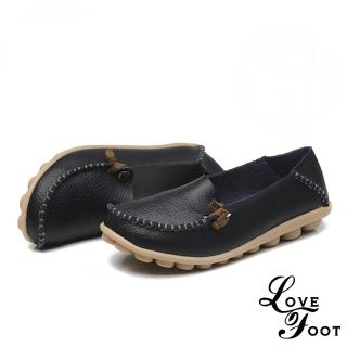 【LOVE FOOT 樂芙】全真皮小鈕結造型兩穿超軟Q休閒淑女豆豆鞋(黑)