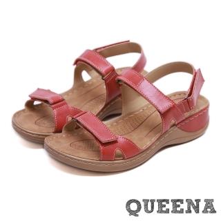 【QUEENA】簡約復古一字魔鬼粘造型舒適厚底休閒涼鞋(紅)