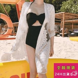 【AS 梨卡】罩衫 中長版 沙灘鉤花針織外搭外套C6130
