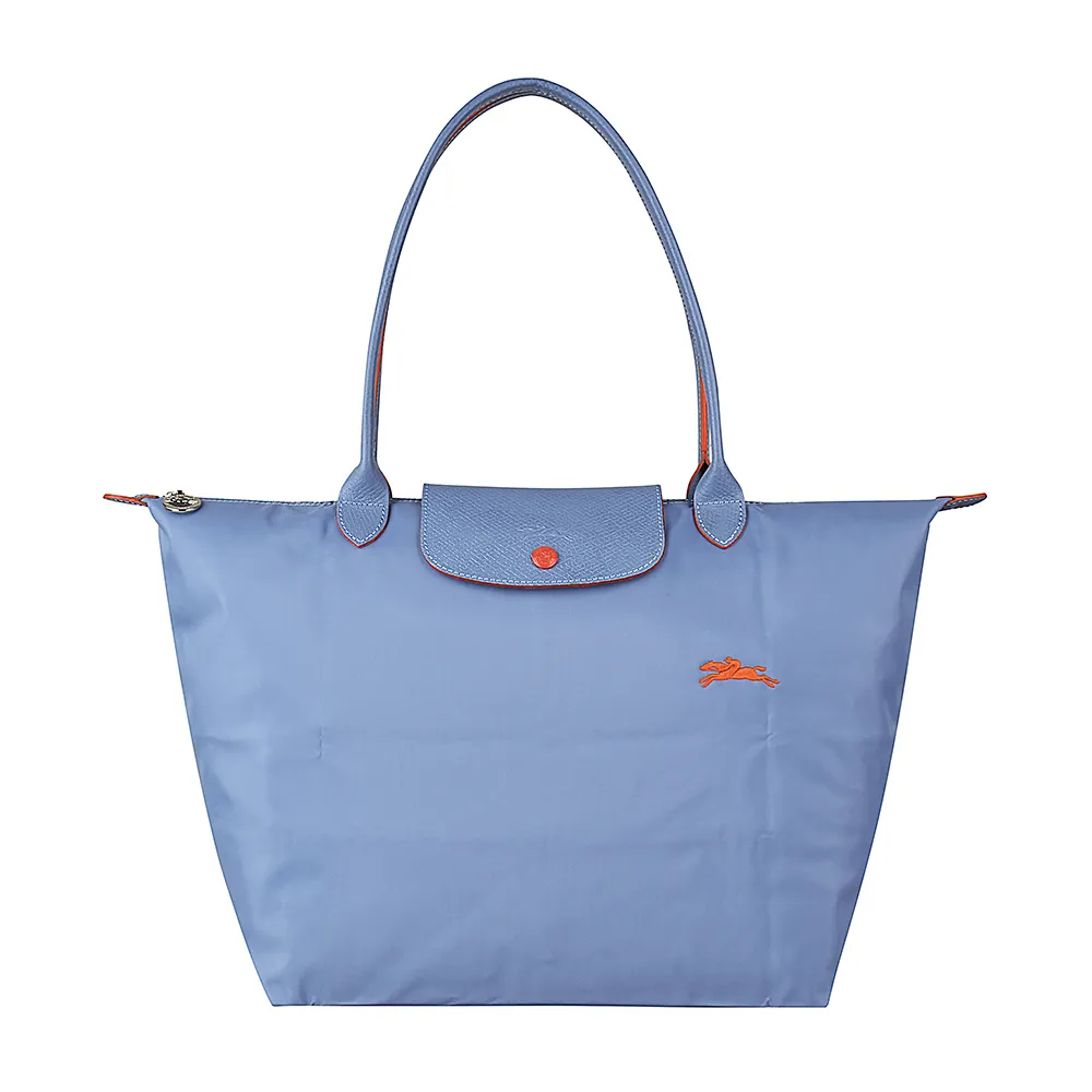 【LONGCHAMP】LONGCHAMP COLLECTION刺繡LOGO尼龍摺疊款長把拉鍊肩背包(大/霧藍x橘)