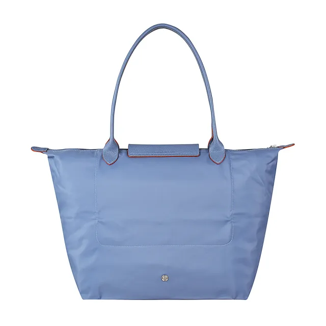 【LONGCHAMP】LONGCHAMP COLLECTION刺繡LOGO尼龍摺疊款長把拉鍊肩背包(大/霧藍x橘)