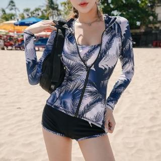 【AS 梨卡】泳衣 泳裝 三件式 長袖 衝浪 潛水 甜美圖騰拉鍊外套泳裝CR346-1