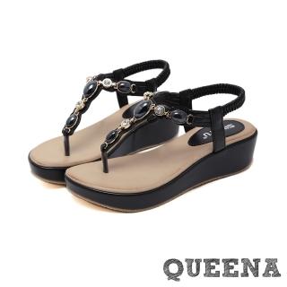 【QUEENA】時尚民族風美鑽寶石T字造型厚底夾腳涼鞋(黑)