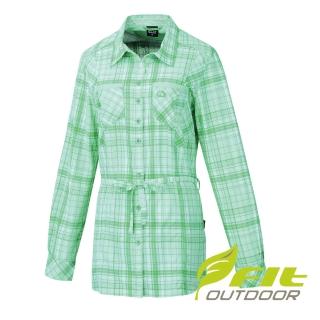 【Fit 維特】女-吸排抗UV長版格紋長袖襯衫-湖水綠 HS2204-44(長版上衣/格紋襯衫/戶外休閒)