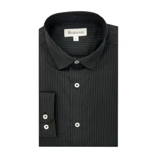 【MURANO】彈性修身長袖襯衫-黑灰條紋(台灣製、現貨、彈性條紋)