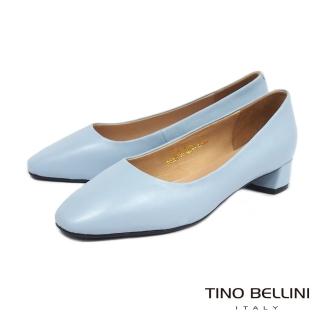 【TINO BELLINI 貝里尼】柔美簡潔全真皮方頭中跟鞋TF9089(藍)