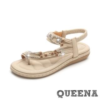 【QUEENA】復古水鑽串珠繩飾趾環造型平底羅馬涼鞋(杏)
