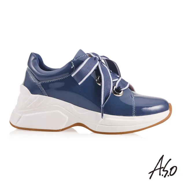 【A.S.O 阿瘦集團】機能休閒 超能耐時尚漆皮雙色寬帶休閒鞋(藍)