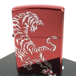 【Zippo】日系~Tiger-民族風虎圖騰-兩面連續加工打火機(離子紅款)