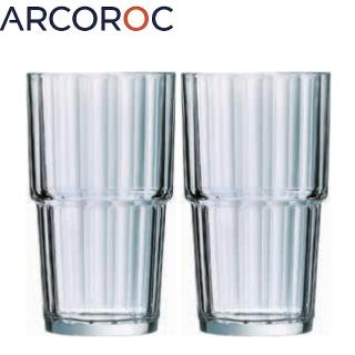 【Arcoroc】強化玻璃條紋可疊式果汁杯320cc(二入組)