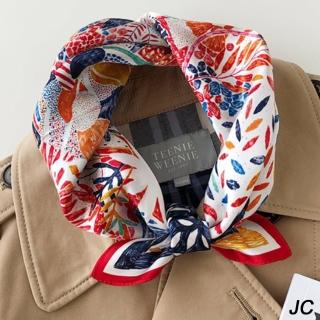 【JC Collection】蠶絲舒適柔軟四季百搭印花塗鴉圖案絲巾小方巾(紅色邊)