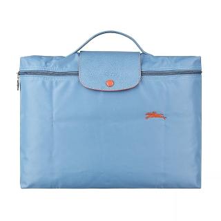 【LONGCHAMP】LONGCHAMP COLLECTION系列刺繡LOGO尼龍摺疊款手提公事包(霧藍x橘)